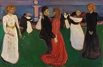 The Dance of Life, 1899–1900, oil on canvas, .mw-parser-output .frac{white-space:nowrap}.mw-parser-output .frac .num,.mw-parser-output .frac .den{font-size:80%;line-height:0;vertical-align:super}.mw-parser-output .frac .den{vertical-align:sub}.mw-parser-output .sr-only{border:0;clip:rect(0,0,0,0);clip-path:polygon(0px 0px,0px 0px,0px 0px);height:1px;margin:-1px;overflow:hidden;padding:0;position:absolute;width:1px}126&nbsp;cm ×&nbsp;191&nbsp;cm (49+1⁄2&nbsp;in ×&nbsp;75&nbsp;in), Nasjonalgalleriet, Oslo