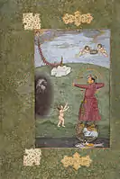 Emperor Jahangir Triumphing over Poverty, attributed to Abu'l Hasan, ca. 1620–1625. Opaque watercolor, gold, and ink on page, 23.81 x 15.24&nbsp;cm.