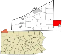 Location of Wayne Township in Erie County, Pennsylvania (top) and of Erie County in Pennsylvania (below)