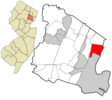Location of Belleville in Essex County highlighted in red (right). Inset map: Location of Essex County in New Jersey highlighted in orange (left).