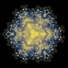 Blue, yellow, and gold fractal doily with a tilted hamster-face in the middle (that's just pareidolia, but inescapable). Triple symmetry with sharp points at 9 o'clock, at 1 o'clock, and 5 o'clock.