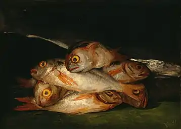 Fish and allegorical allusions — to The Disasters of War.Still Life with Golden Bream by Francisco Goya; 1808, 45 × 63&nbsp;cm, Museum of Fine Arts, Houston.