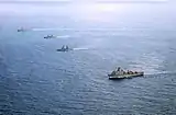From top left, the guided missile destroyer USS&nbsp;John S. McCain&nbsp;(DDG-56); the Philippine frigates BRP&nbsp;Gregorio del Pilar&nbsp;(FF-15) and BRP&nbsp;Ramon Alcaraz&nbsp;(FF-16); and the amphibious dock landing ship USS&nbsp;Ashland&nbsp;(LSD-48) while in formation during CARAT Philippines 2014.