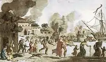 Image 26Illustration circa 1815 showing "Incendie du Cap" (Burning of Cape Francais) during the Haitian Revolution. The caption reads: "General revolt of the Blacks. Massacre of the Whites". (from History of the Caribbean)