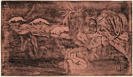 Paul Gauguin, The Universe is Created, from the Noa Noa suite, 1893–4, woodcut printed in black on thin rose-colored wove paper sheet trimmed to block