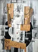 Georges Braque, 1913, Nature morte (Fruit Dish, Ace of Clubs), oil, gouache and charcoal on canvas, 81 × 60&nbsp;cm (31.8 × 23.6 in), Musée National d'Art Moderne, Centre Georges Pompidou, Paris