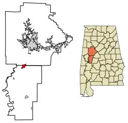 Location of Moundville in Hale County and Tuscaloosa County, Alabama.
