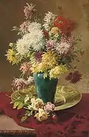 Henri Biva, Chrysanthemums and roses in a vase on a salver, oil on canvas, 122 x 77.8&nbsp;cm