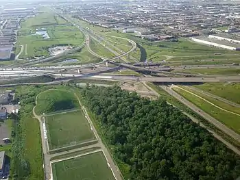Aerial view of the interchange between Highway&nbsp;401, 403 and 410 in Mississauga