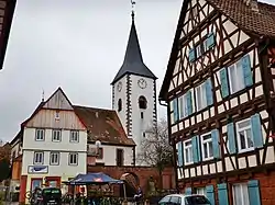 Hindenburgstraße, with St. Maurice's Church, Wiernsheim&nbsp;[de] visible