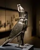 Ancient Egyptian figurine of Horus as falcon god with an Egyptian crown; c. 500 BC; silver and electrum; height: 26.9&nbsp;cm; Staatliche Sammlung für Ägyptische Kunst (Munich, Germany)