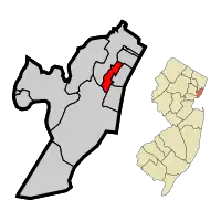 Location of Union City in Hudson County highlighted in red (left). Inset map: Location of Hudson County in New Jersey highlighted in orange (right).