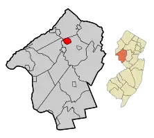 Location of High Bridge in Hunterdon County highlighted in red (left). Inset map: Location of Hunterdon County in New Jersey highlighted in orange (right).