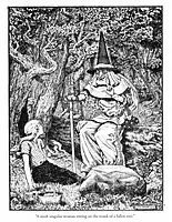 "A most singular woman sitting on the trunk of a tree." Illustration # 2 by Frank C. Papé from "Naughty Eric" by E. Clement. (1902).