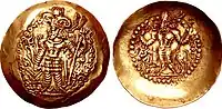 Coin in the name of the Kushano-Sasanian ruler Varahran I, struck under Peroz (ram horns added), circa AD 330 365 CE. Kidarite tamgha  to right. Balkh mint.