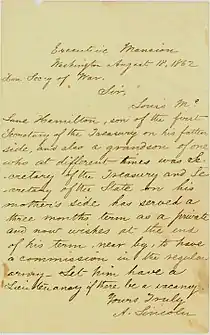1862 letter from Abraham Lincoln on behalf of Hamilton