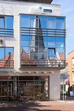 Reformed church mirrored in the Kornblume windows