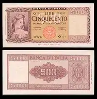500&nbsp;lire – obverse and reverse – printed in 1947