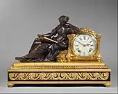 Neoclassical mantel clock (pendule de cheminée); 1757–1760; gilded (ormolu) and patinated bronze, oak veneered with ebony, white enamel with black numerals, and other materials; 48.3 × 69.9 × 27.9&nbsp;cm; Metropolitan Museum of Art