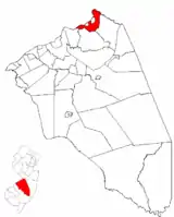 Location of Bordentown Township in Burlington County highlighted in red (right). Inset map: Location of Burlington County in New Jersey highlighted in red (left).