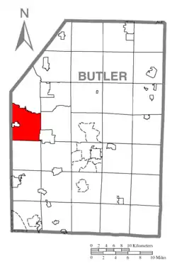 Map of Butler County, Pennsylvania, highlighting Muddy Creek Township