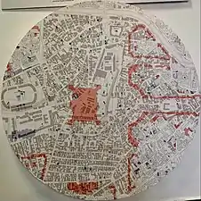 Map of the Uranus area of Bucharest, highlighting with red the spaces occupied by building erected during the Ceaușescu period, on display during an exhibition in the Bucharest City Hall in June 2021. Today, the area shown is largely occupied by the Palace of Parliament, its garden and the Izvor Park
