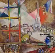 Marc Chagall, 1913, Paris par la fenêtre (Paris Through the Window), oil on canvas, 136 × 141.9&nbsp;cm, Solomon R. Guggenheim Museum, New York