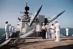 Blue training missiles on the rails of a MK-10 GMLS on USS&nbsp;Josephus Daniels