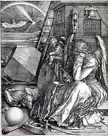 Albrecht Dürer, Melencolia&nbsp;I (1514): Unused tools, an hourglass, an empty scale surrounds a female personification, with other esoteric and exoteric symbols.