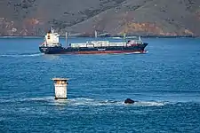 Mile Rocks Light with Container ship Sealand Balboa in December 2019