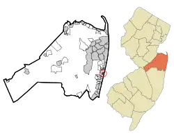 Location of Ocean Grove in Monmouth County circled and highlighted in red (left). Inset map: Location of Monmouth County in New Jersey highlighted in orange (right).