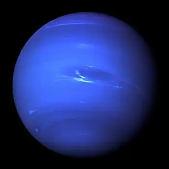 Image 13NeptunePhotograph credit: NASA&nbsp;/ JPLNeptune is the eighth and farthest known planet from the Sun in the Solar System. In the Solar System, it is the fourth-largest planet by diameter, the third-most-massive planet and the densest giant planet. Neptune is 17&nbsp;times the mass of Earth, slightly more massive than its near-twin Uranus. Neptune is denser and physically smaller than Uranus because its greater mass causes more gravitational compression of its atmosphere. Neptune orbits the Sun once every 164.8&nbsp;years at an average distance of 30.1&nbsp;au (4.5&nbsp;billion&nbsp;km; 2.8&nbsp;billion&nbsp;mi). It is named after the Roman god of the sea and has the astronomical symbol ♆, a stylised version of the god Neptune's trident.This picture of Neptune was taken by NASA's Voyager&nbsp;2 spacecraft in 1989, at a range of 4.4&nbsp;million miles (7.1&nbsp;million kilometres) from the planet, approximately four days before closest approach. The photograph shows the Great Dark Spot, a storm about the size of Earth, in the centre, while the fast-moving bright feature nicknamed the "Scooter" and the Small Dark Spot can be seen on the western limb. These clouds were seen to persist for as long as the spacecraft's cameras could resolve them.More selected pictures