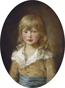 Portrait of Prince Octavius as a young boy in 1782, by Thomas Gainsborough. He is depicted with long, flowing blonde hair and a yellow and blue shirt.