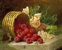 Overturned basket with raspberries, white currants and roses (1882), Norfolk Museums Collections