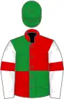 Red and green (quartered), white sleeves, red armlets, green cap