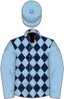 Dark blue and light blue diamonds, light blue sleeves and cap