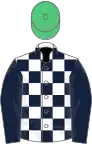 White and dark blue check, dark blue sleeves, emerald green cap