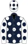 Dark blue, white spots, white sleeves, dark blue spots and cap