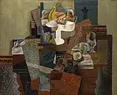 Pablo Picasso, 1914–15, Nature morte au compotier (Still Life with Compote and Glass), oil on canvas, 63.5 × 78.7&nbsp;cm (25 × 31 in), Columbus Museum of Art, Ohio
