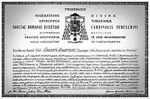 The pontifical decree issued by Pope Pius XII towards the image of Virgen de los Remedios de Pampanga for the Philippines on 15 July 1956.