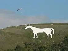 Figure of a white horse cut into the hillside.