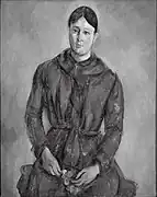 Paul Cézanne, 1890–94, Madame Cézanne in a Red Dress, oil on canvas, 93.3&nbsp;cm ×&nbsp;74&nbsp;cm (36.7&nbsp;in ×&nbsp;29.1&nbsp;in), São Paulo Museum of Art