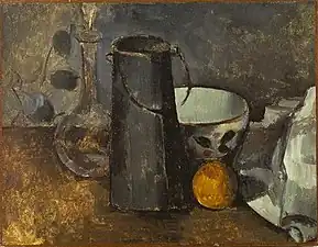 Paul Cézanne, Still Life with Carafe, Milk Can, Bowl, and Orange, 1879–80