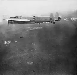 An Avro Lincoln bomber of No 1(B) Bomber squadron dropping 500-pound (230&nbsp;kg) bombs on Communist targets during the Malayan Emergency