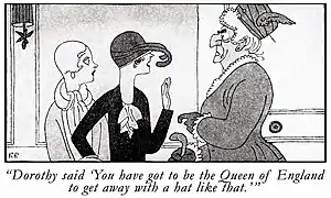 A black and white sketch of Lorelei and Dorothy confronted by an ogre-like Lady Beekman in their Paris hotel room.