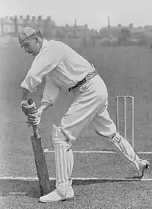 A black and white picture of Lionel Palairet demonstrating a batting stroke.