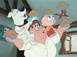 A cartoon drawing of an overweight man with glasses and brown hair, carrying an anthropomorphic white dog and a baby wearing red overalls on his shoulders, as all three hold a pie. A red cartoon bird carrying a pie is flying nearby.