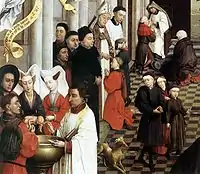 Rogier van der Weyden's Seven Sacraments Altarpiece: Baptism, Confirmation, and Penance, 1445–50. The man on the extreme left gives a clear view of his dagged patte. The father of the baby above him is wearing his in church.  The three boys being confirmed also have chaperons. The old man confessing has a cut hood chaperon as well as a hat on the floor.