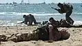 Scene from a simulated Royal Marines beach landing during the 2009 Bournemouth Air Festival; "opposing force" Marine is bareheaded and wears Desert DPM, "blue force" Marines in the background wear berets, camouflage face paint, and woodland DPM. An additional distinction is achieved by the use of iron sights on the "opposing force" Marine's L85A2, while those of the "blue force" are fitted with the then-standard SUSAT sight.