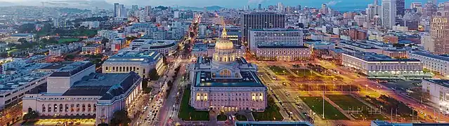 Aerial view of Civic Center at dusk in 2016, facing north. San Francisco City Hall is featured in the center.